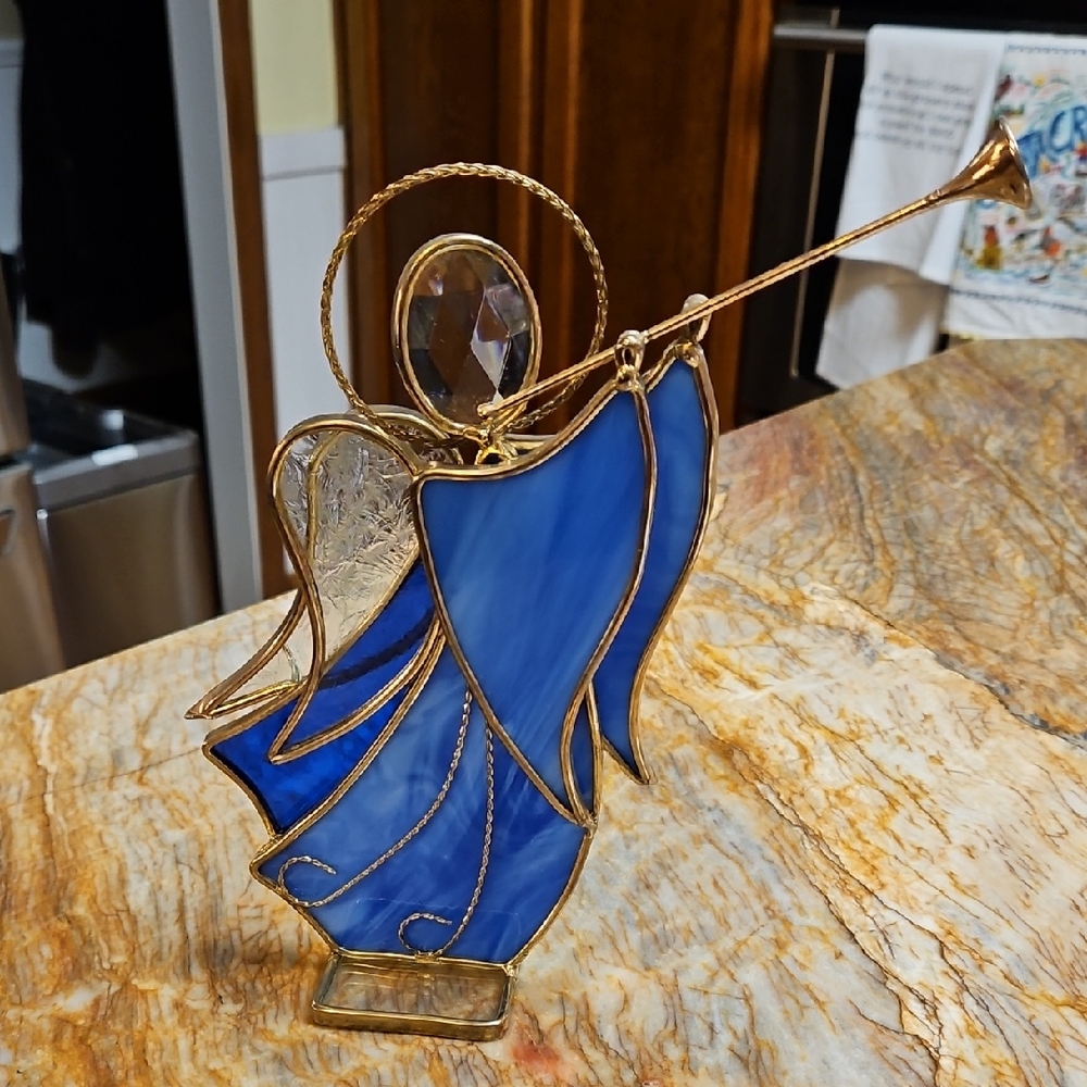 Blue and Gold Stained Glass Angel Figurine